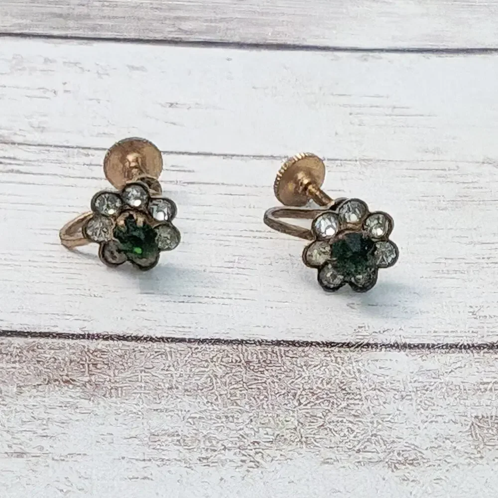 Vintage Screw Back Earrings Dainty Green & Clear Gem